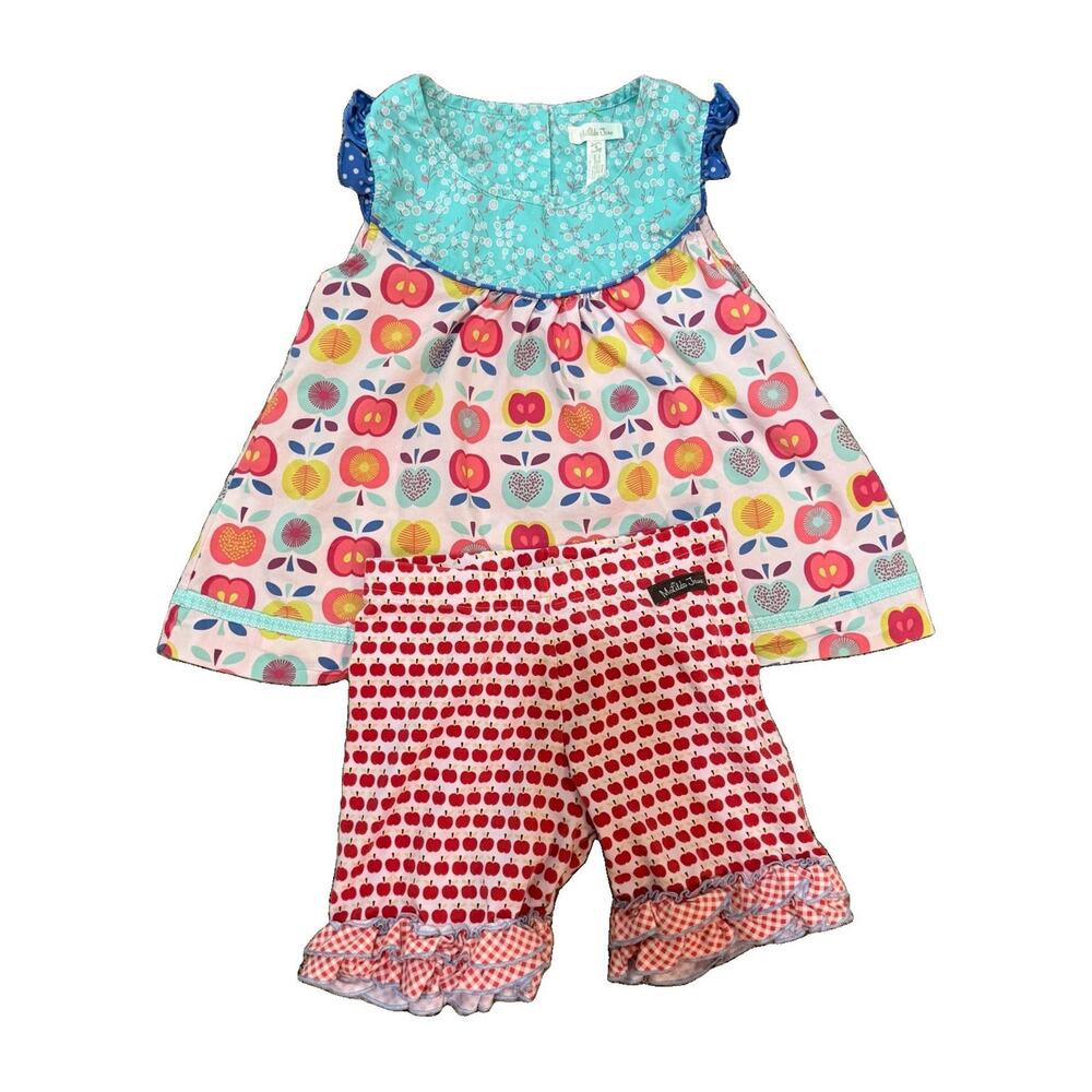 Matilda Jane Girls Size 8 2pc Apple Knit Top & Shorts Set Lucia Shabby Ruffle